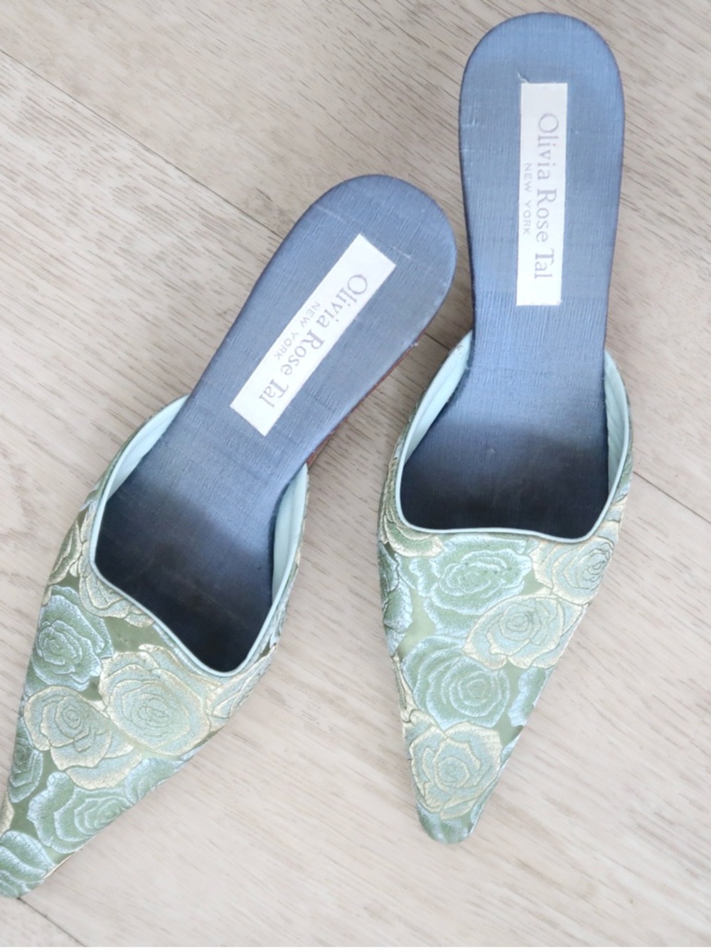 Olivia Rose Tal Green Brocade Pointed Toe Mules